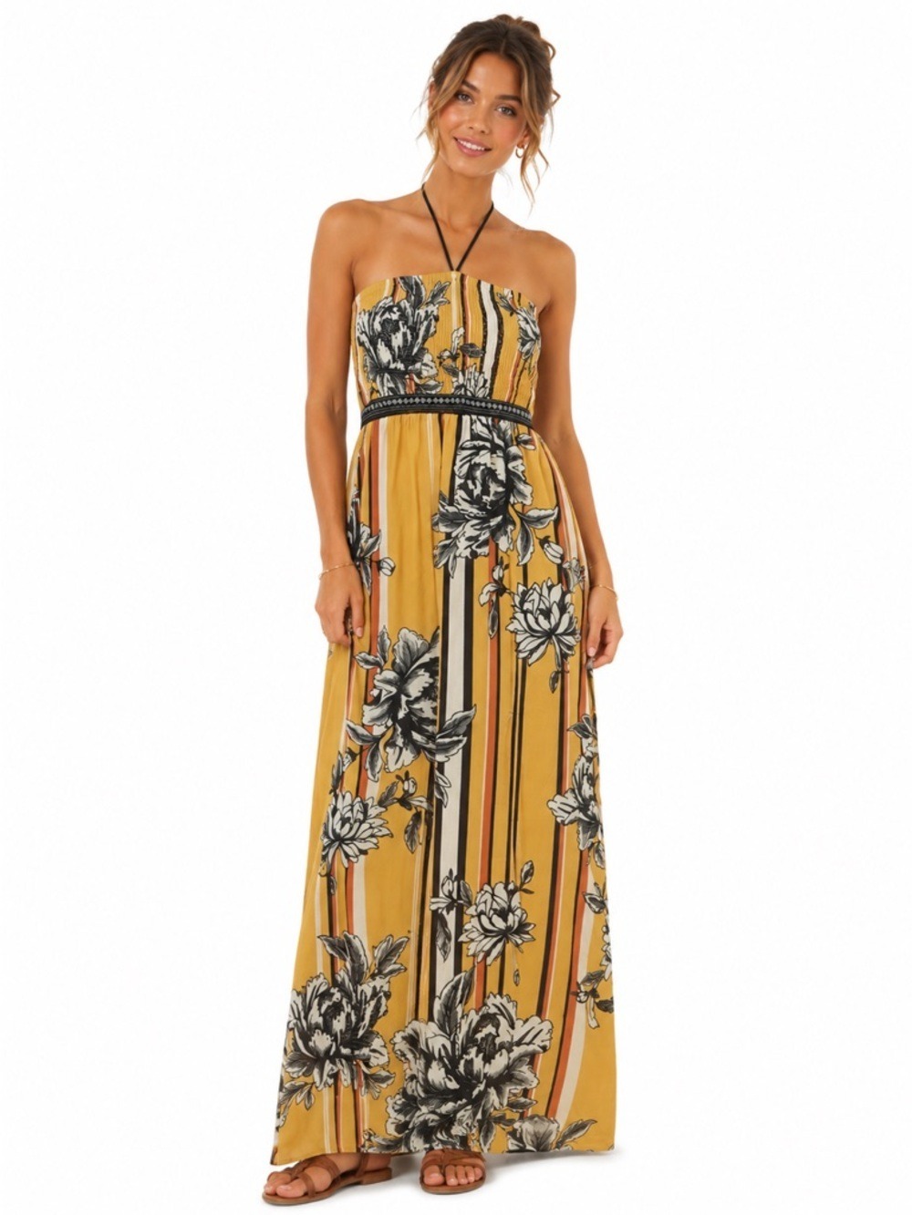Jealous Tomato Yellow Floral Multicoloured Graphic Smocked Halter Maxi D…